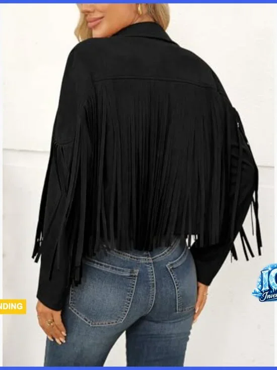 Cropped Faux Suede Leather Fringe Jacket Western Biker Moto Style - Picture 4 of 6